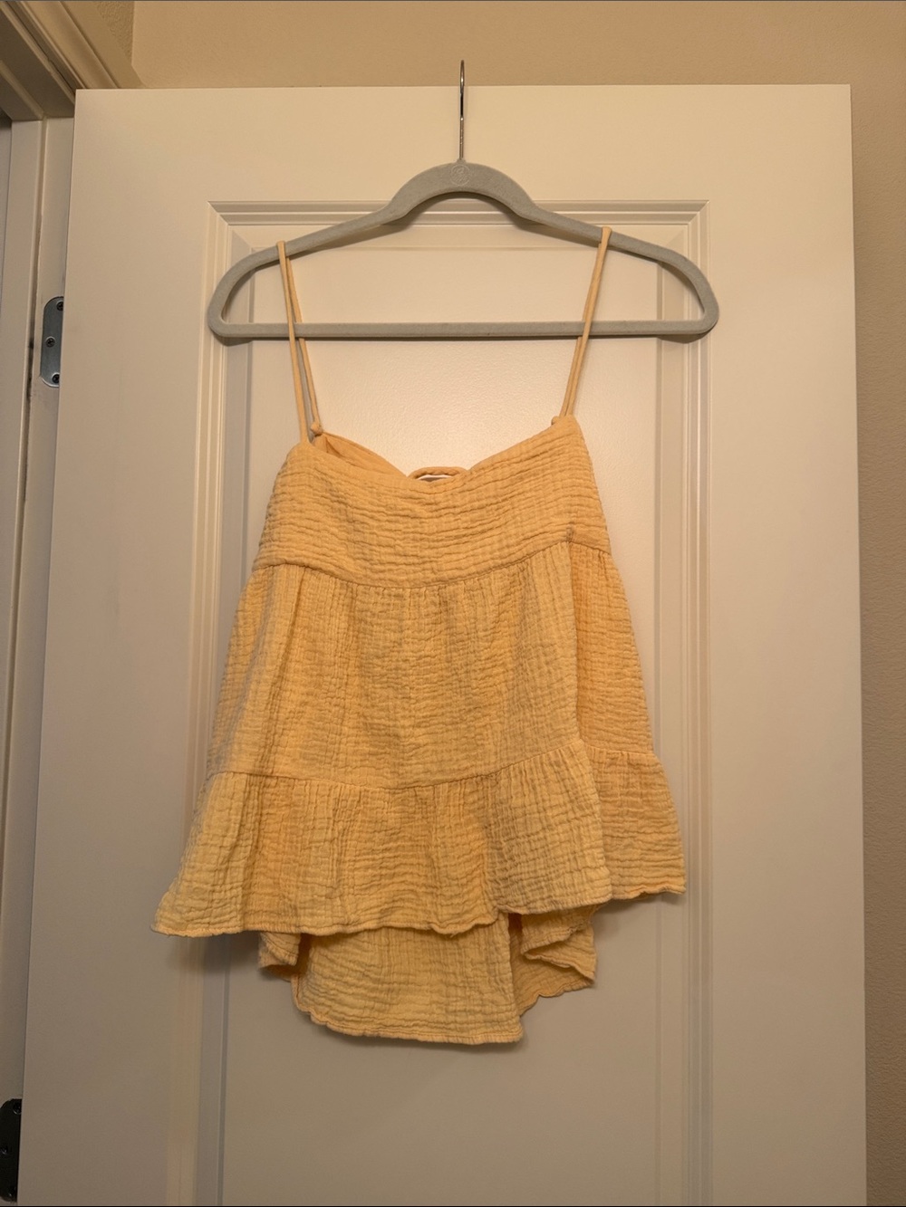 Zara Pale Yellow Crinkle Tiered Spaghetti-Strap Camisole